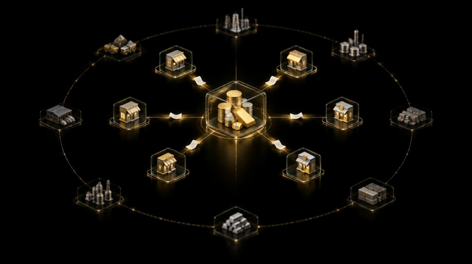 A vault of gold and silver at the centre of a ring of coin shops, with invoices travelling in along gold lines; refiners and wholesalers form an outer ring.