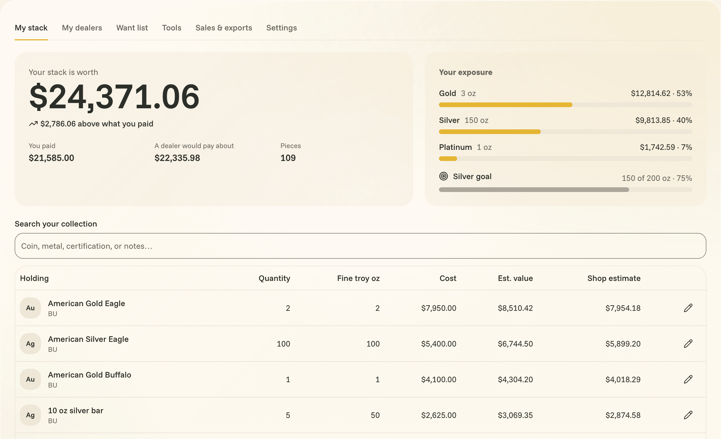 The example vault in Stack: a collection worth about twenty-four thousand dollars, the gain over what was paid, what a dealer would pay, exposure to gold, silver and platinum, and the list of holdings.